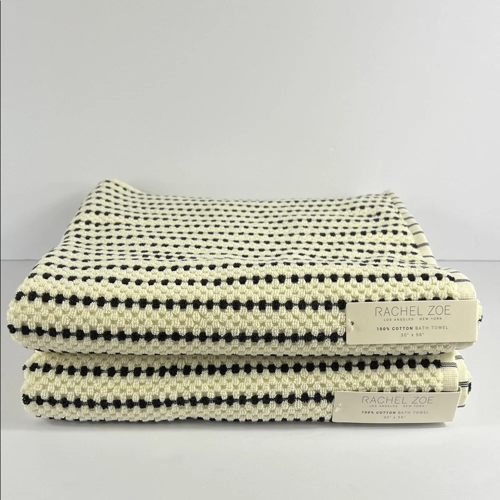 Rachel Zoe Bath Towels Black & Cream Striped Print 100% Cotton Set of 2 NEW